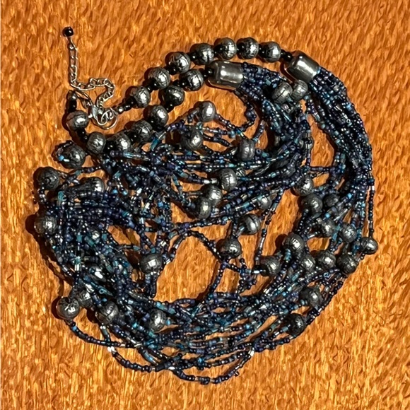 Necklace multistrand seed bead and aluminum beads blue - Picture 3 of 4